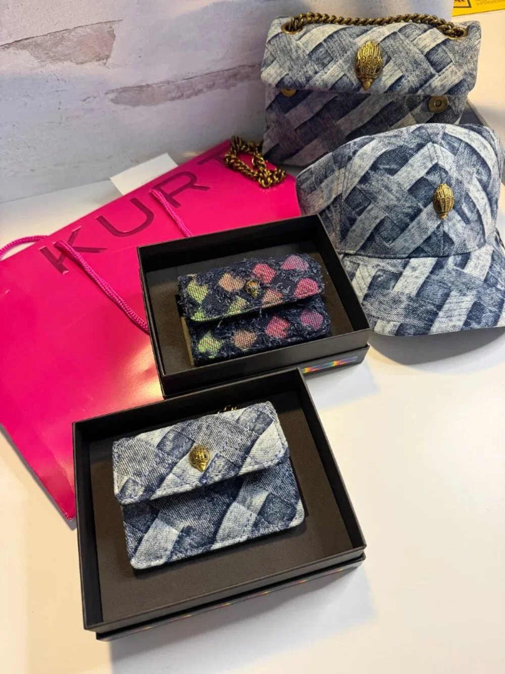 Authentic Kurt Geiger Designer LOT - Denim Quilt Bag (Med), 2 Minis, $ Hat